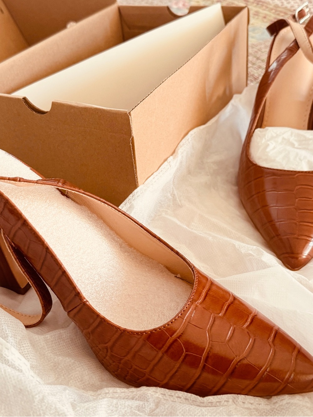 Amazon Cognac Croc-Embossed Slingback Heels
